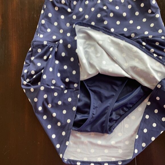Land’s End Polka Dot High Waist Tummy Control swimsuit skirt panty blue 10 - Picture 7 of 8